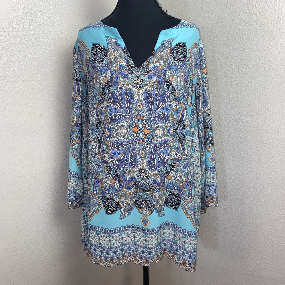 Cynthia Rowley Blouse Women's 2X Multicolor Paisley Floral V Neck‎ Boho Flowy